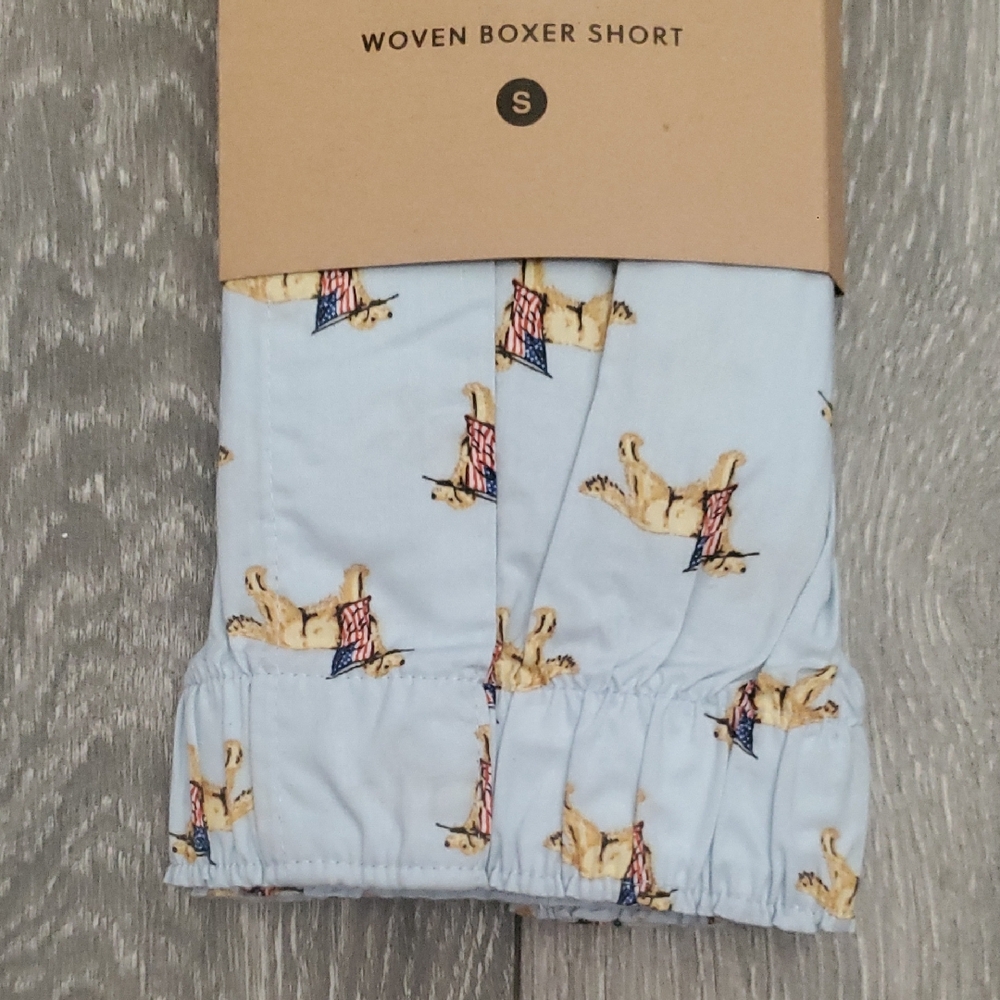 J. Crew Light Blue Yellow Dog with American Flag Woven Boxer Shorts